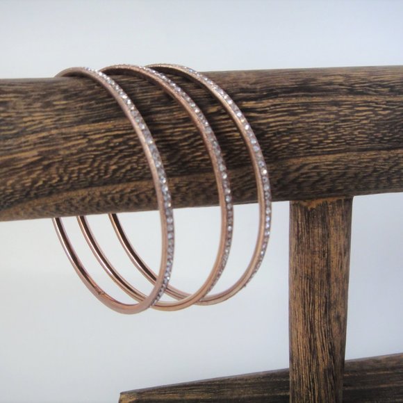 Pave Rhinestone Set 3 Thin Bangle Bracelets Copper - Picture 7 of 8